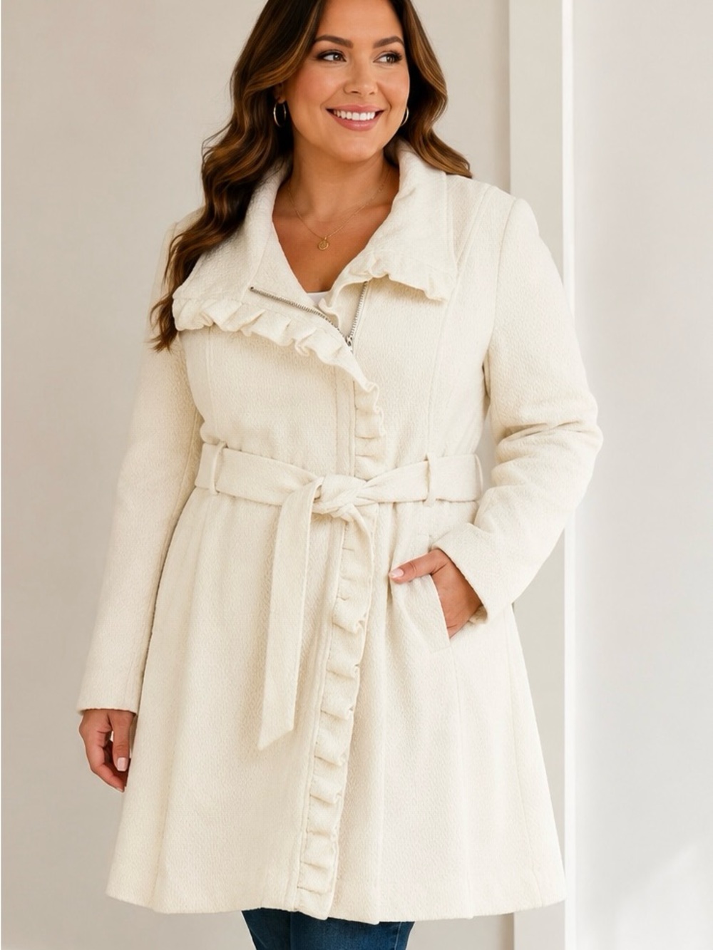 Steve Madden Coat Size XL Ivory Ruffle-Trim Tie-Waist Textured Coat Lined